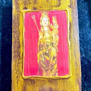 Vintage Hand Painted Eastern European  Madonna Wood Icon.